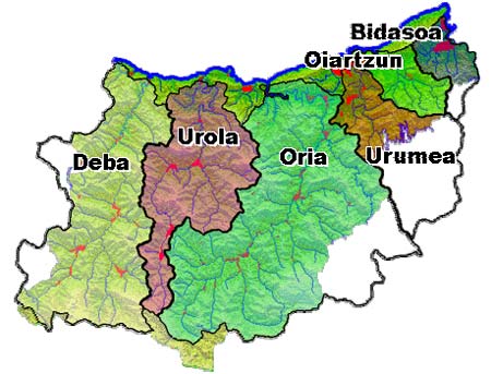 Mapa de los ros de Gipuzkoa y las comarcas por las que pasa