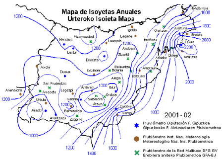 Mapa de Isoyetas Anuales en Gipuzkoa