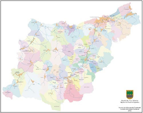 Mapa de Gipuzkoa describiendo sus pueblos y sus ros